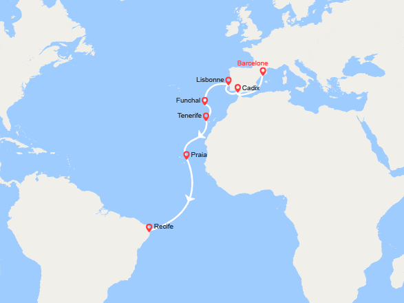 itinéraire croisière Transatlantique : Transatlantique : de Barcelone à Récif