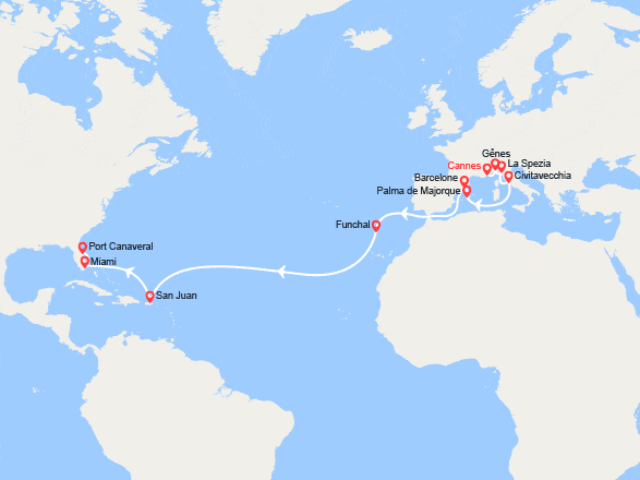 itin&eacute;raire croisi&egrave;re Transatlantique : Transatlantique : de Cannes à Port Canaveral 