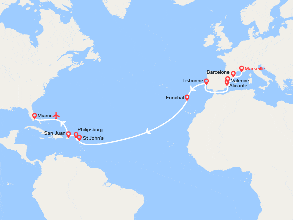 itinéraire croisière Transatlantique : Transatlantique : de France en Floride - Vol retour à Paris inclus