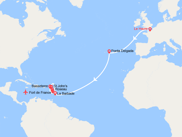 itinéraire croisière Transatlantique : Transatlantique : de France en Martinique - Vol retour Paris inclus