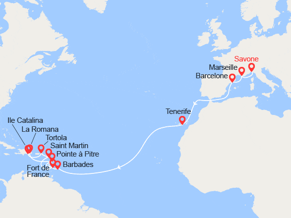 itinéraire croisière Transatlantique : Transatlantique : De l'Italie aux Antilles