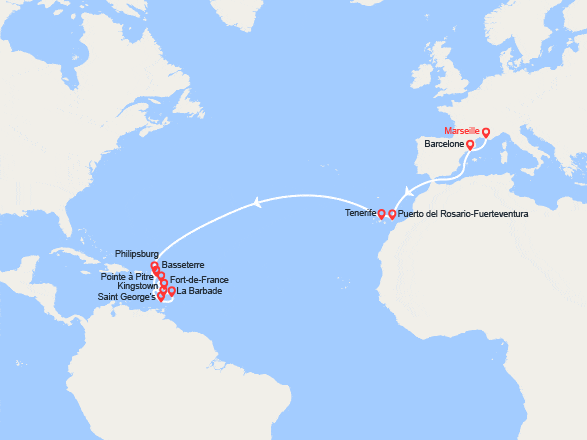 itin&eacute;raire croisi&egrave;re Transatlantique : Transatlantique : de Marseille à la Guadeloupe 