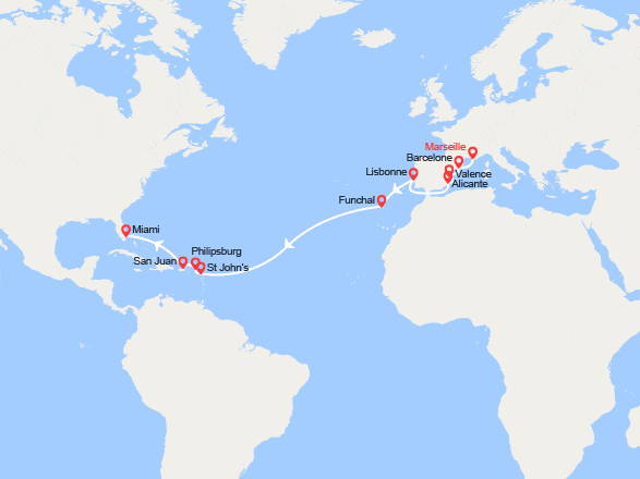 itinéraire croisière Transatlantique : Transatlantique : de Marseille à Miami