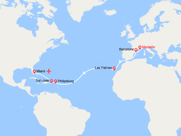 itinéraire croisière Transatlantique : Transatlantique : de Marseille à Miami | Vol retour inclus