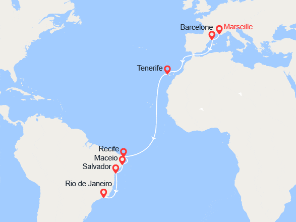 itinéraire croisière Transatlantique : Transatlantique : De Marseille à Rio de Janeiro
