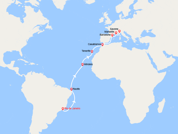 itinéraire croisière Transatlantique : Transatlantique : de Rio de Janeiro à Savone