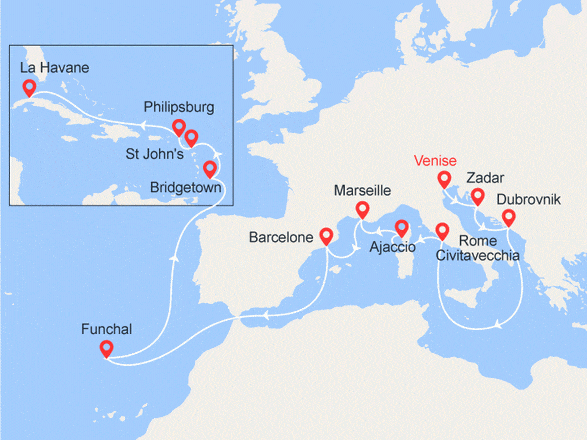 itinéraire croisière Transatlantique : Transatlantique : De Venise à La Havane