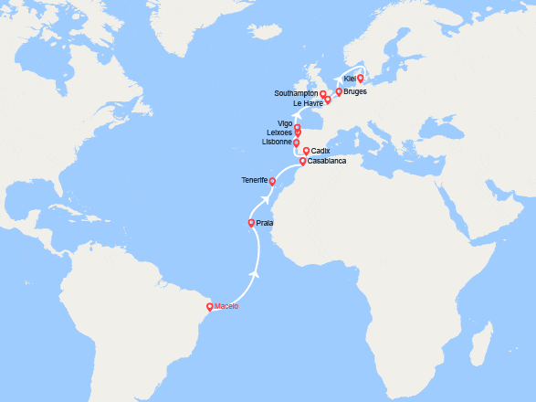 itinéraire croisière Transatlantique : Transatlantique : du Brésil jusqu'en Belgique