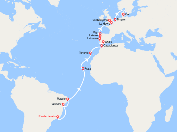 itinéraire croisière Transatlantique : Transatlantique : du Brésil jusqu'en Belgique