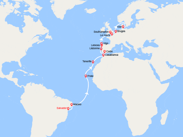 itinéraire croisière Transatlantique : Transatlantique : du Brésil jusqu'en Belgique