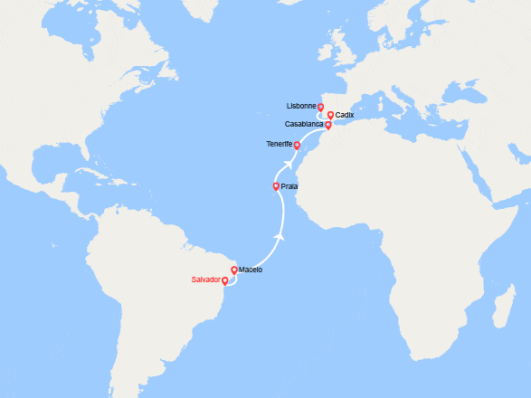 itinéraire croisière Transatlantique : Transatlantique : du Brésil jusqu'en Espagne