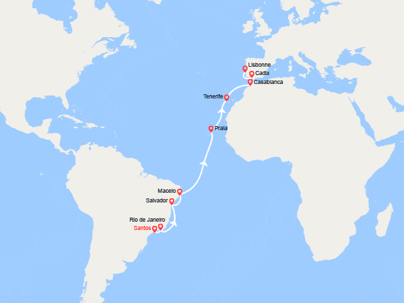 itinéraire croisière Transatlantique : Transatlantique : du Brésil jusqu'en Espagne