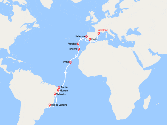 itinéraire croisière Transatlantique : Transatlantique : Espagne, Portugal, Madère, Canaries, Brésil