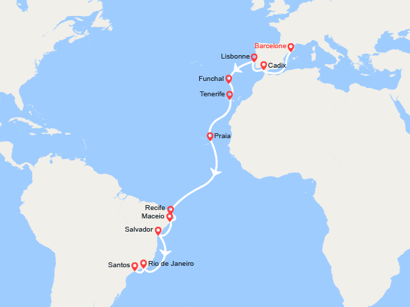 itinéraire croisière Transatlantique : Transatlantique : Espagne, Portugal, Madère, Canaries, Brésil
