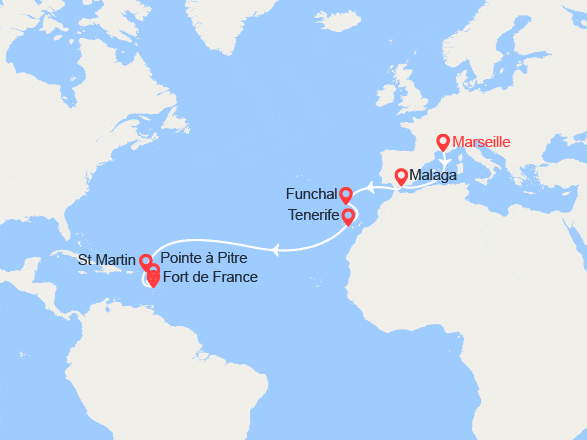 itinéraire croisière Transatlantique : Transatlantique : France, Espagne, Madère, Canaries, Antilles