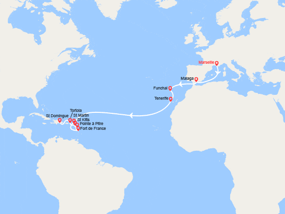 itinéraire croisière Transatlantique : Transatlantique : France, Espagne, Madère, Canaries, Antilles, îles Vierges