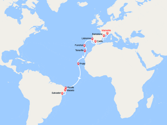 itinéraire croisière Transatlantique : Transatlantique : France, Espagne, Portugal, Madère, Canaries, Brésil