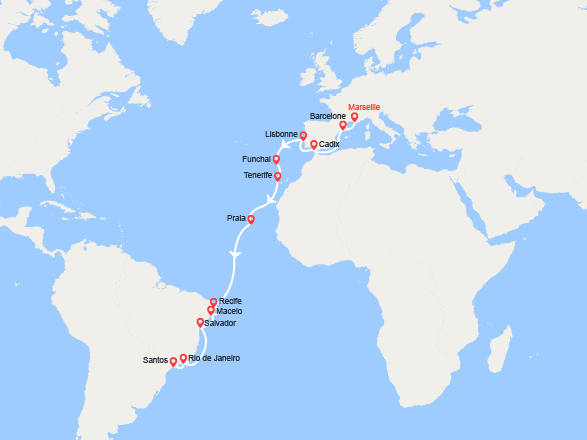 itinéraire croisière Transatlantique : Transatlantique : France, Espagne, Portugal, Madère, Canaries, Brésil