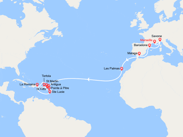 itinéraire croisière Transatlantique : Transatlantique : Italie, Espagne, Canaries, Antilles, Rép. Dominicaine, Iles Vierges