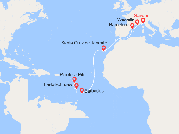 itinéraire croisière Transatlantique : Transatlantique : Italie, France, Espagne, Canaries, Antilles