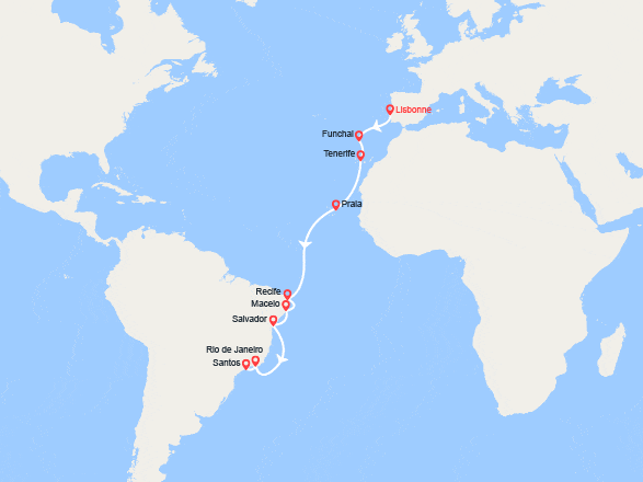 itinéraire croisière Transatlantique : Transatlantique : Portugal, Madère, Canaries, Brésil