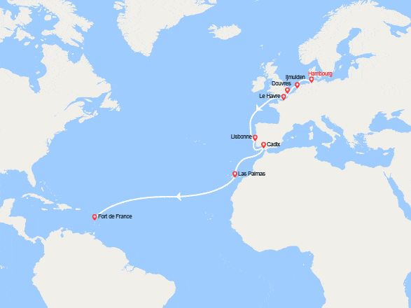 itinéraire croisière Transatlantique : Transatlantique :Allemagne, Grande-Bretagne, France, Portugal, Espagne, Canaries, Antilles