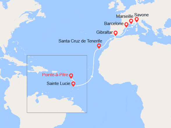 itinéraire croisière Transatlantique : Transatlantique: Antilles, Canaries, Gibraltar, Espagne, Italie, France