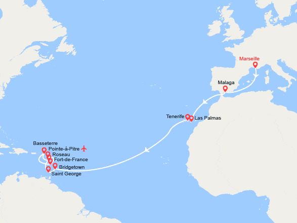 itinéraire croisière Transatlantique : Transatlantique: de Marseille à Pointe-à-Pitre