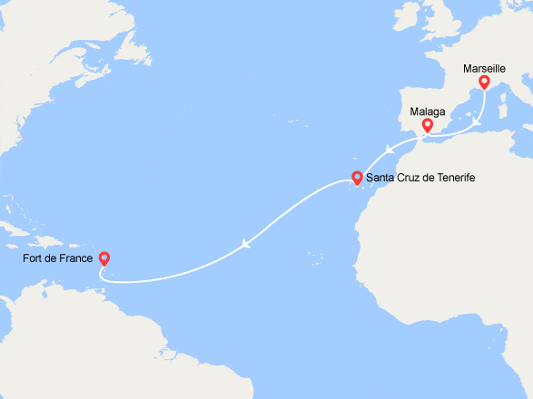 itinéraire croisière Transatlantique : Transatlantique: France, Espagne, Canaries, Antilles
