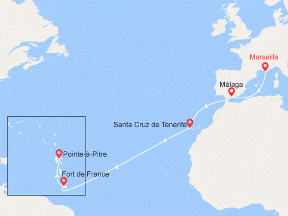 itinéraire croisière Transatlantique : Transatlantique: France, Espagne, Canaries, Antilles