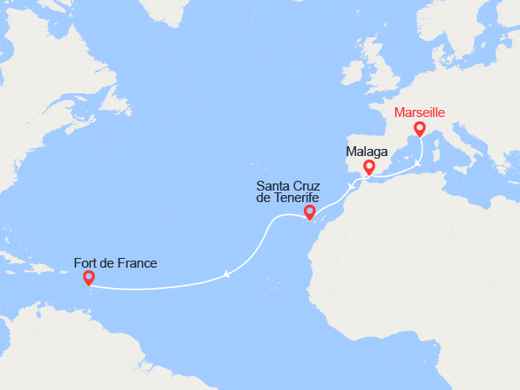 itinéraire croisière Transatlantique : Transatlantique: France, Espagne, Canaries, Antilles