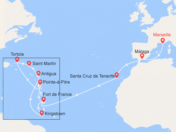 itinéraire croisière Transatlantique : Transatlantique: France, Espagne, Canaries, Antilles, Iles Vierges