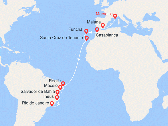 itinéraire croisière Transatlantique : Transatlantique: France, Espagne, Maroc, Madère, Canaries, Brésil