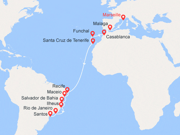 itinéraire croisière Transatlantique : Transatlantique: France, Espagne, Maroc, Madère, Canaries, Brésil