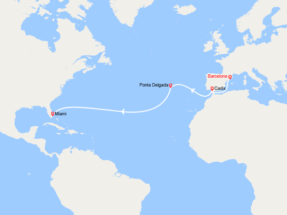 itinéraire croisière Transatlantique : Transatlantique de Barcelone à Miami : Séville, Lisbonne, Ponta Delgada
