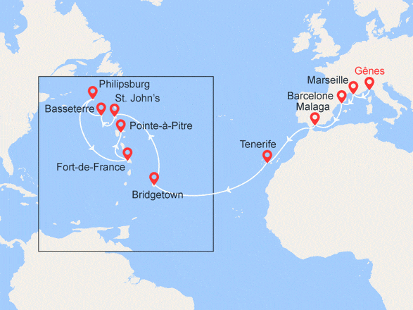 itinéraire croisière Transatlantique : Transatlantique de Gênes vers la Guadeloupe