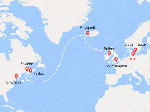 itinéraire croisière Transatlantique : Transatlantique de Kiel à New York : Irlande, Islande, Canada...