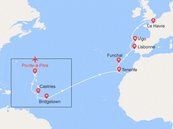 itinéraire croisière Transatlantique : Transatlantique de la Guadeloupe vers la France - VOL OFFERT