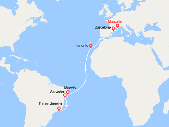 itinéraire croisière Transatlantique : Transatlantique de Marseille à Rio : Espagne, Canaries, Brésil