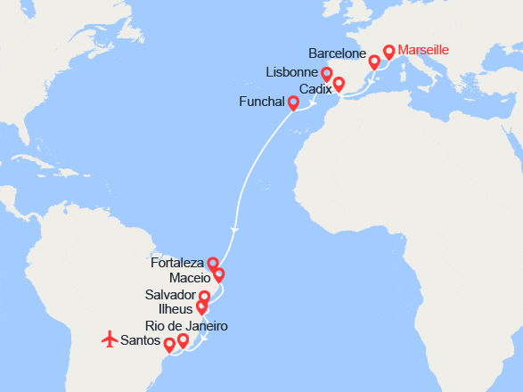 itinéraire croisière Transatlantique : Transatlantique de Marseille vers le Brésil // EXCLUSIVITÉ VOL INCLUS