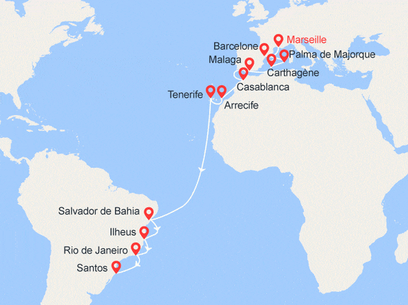 itinéraire croisière Transatlantique : Transatlantique jusqu'au Brésil : France, Espagne, Maroc, Brésil
