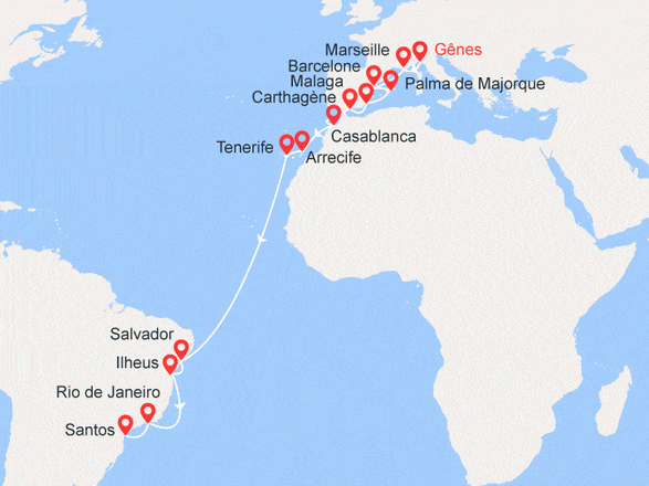 itinéraire croisière Transatlantique : Transatlantique jusqu'au Brésil: Italie, France, Espagne, Maroc, Brésil