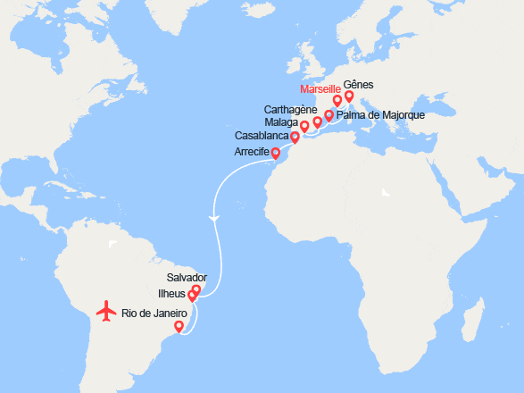 itinéraire croisière Transatlantique : Transatlantique vers le Brésil: Marseille - Rio I Vol retour inclus