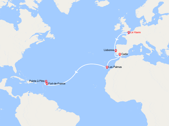 itin&eacute;raire croisi&egrave;re Transatlantique : Transatlantique vers les Antilles: du Havre à la Guadeloupe 