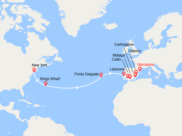 itinéraire croisière Transatlantique : Traversée: de Barcelone à New York