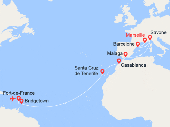 itinéraire croisière Transatlantique : Traversée: de la Méditerranée aux Antilles