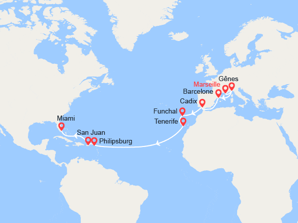 itinéraire croisière Transatlantique : Traversée: de Marseille à Miami