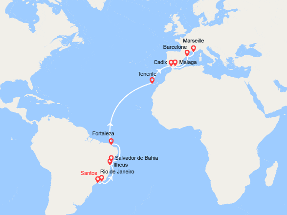 itinéraire croisière Transatlantique : Traversée: de Santos à Marseille