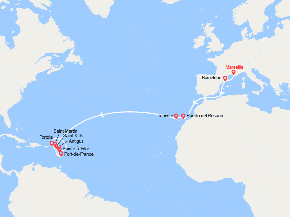 itinéraire croisière Transatlantique : Traversée Atlantique & Antilles : Marseille à Fort-de-France
