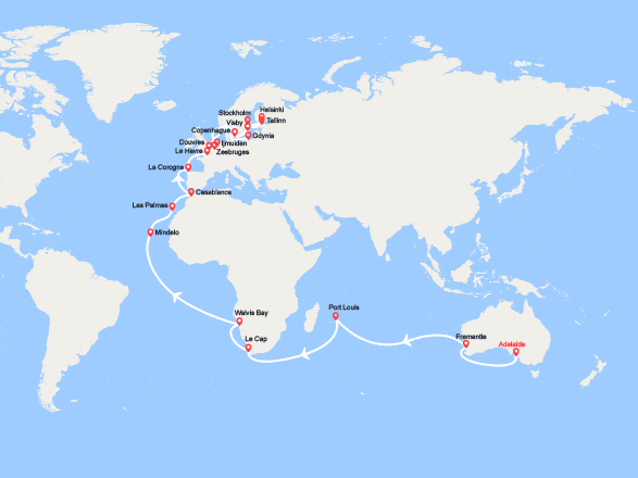 itin&eacute;raire croisi&egrave;re Tour du Monde : Tronçon de Tour du monde 2026 : de Adelaïde à Douvres 